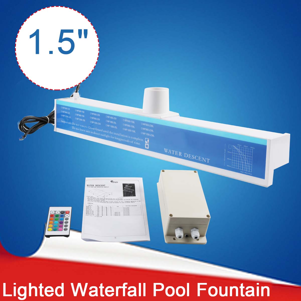 SUDEG Pool Fountain with LED Strip Light Rectangular Pool Waterfall Spillway for Garden(23.8 x 5.4 x 3 inch)