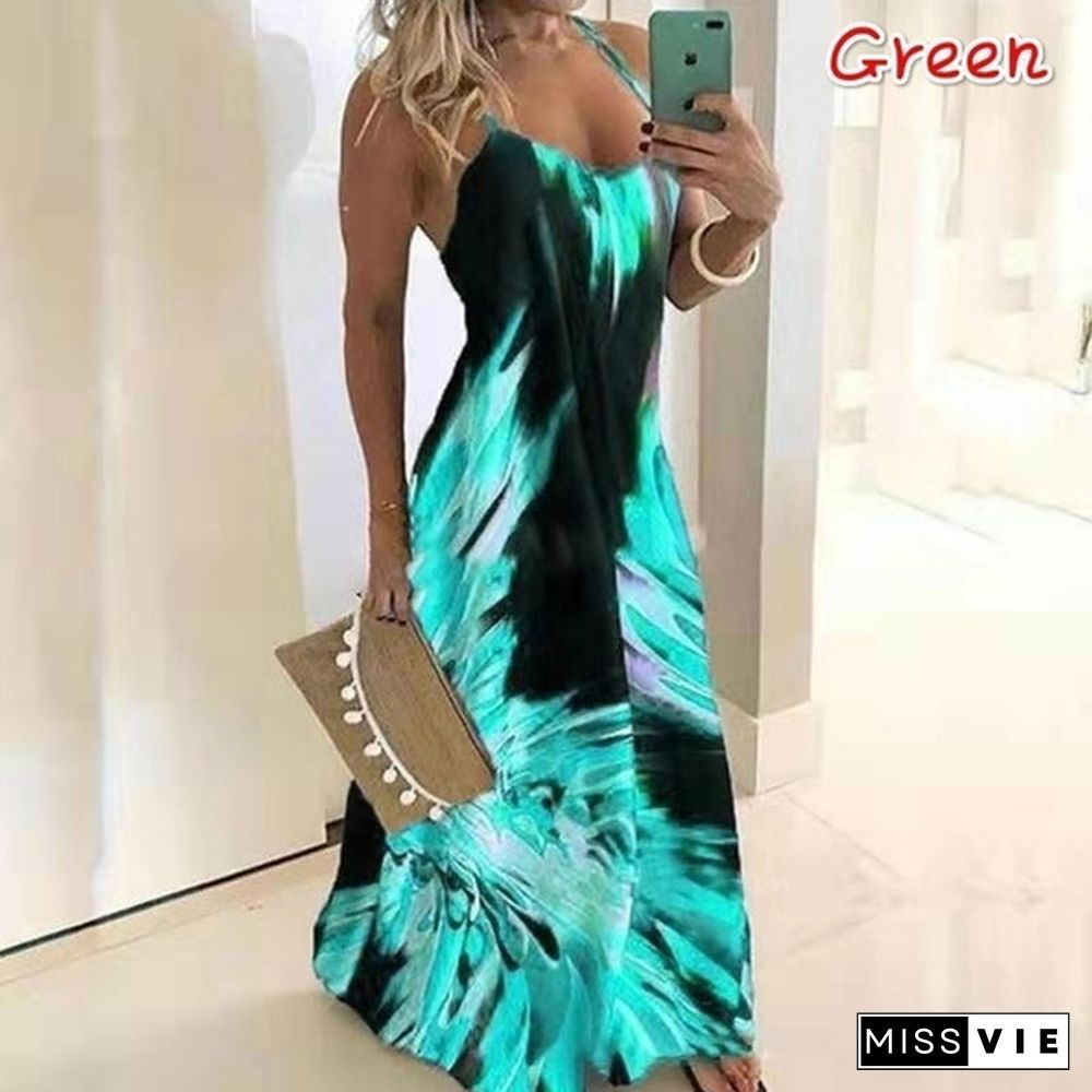 Summer Dress Fashion Clothes Women's Casual Off Shoulder Sleeveless Dress String Strap Halter Party Dress Ladies Deep V-Neck Floral Printed Beach Wear Plus Size Maxi Dress Xs-8Xl