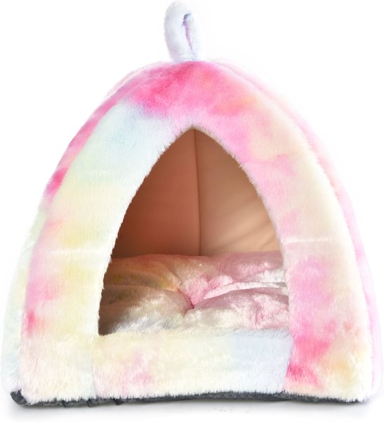 Cat Craft Plush Tent Cat Bed with Removable Cover， Pastel Tie Dye， Medium