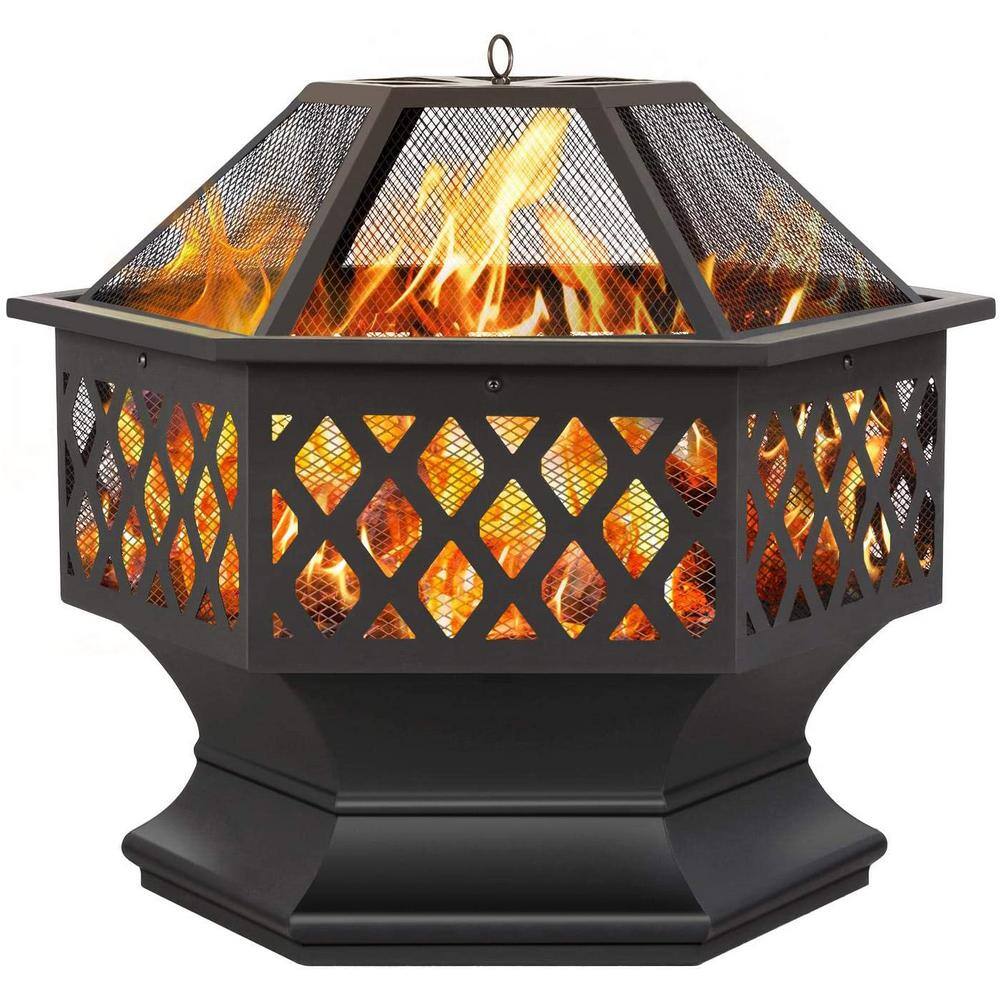 Barton 24 in. x 8.25 in. Outdoor Hex-Shaped Patio Firebowl Portable Wood Fire Pit with Spark Screen Cover Poker and Grill 96811-H1