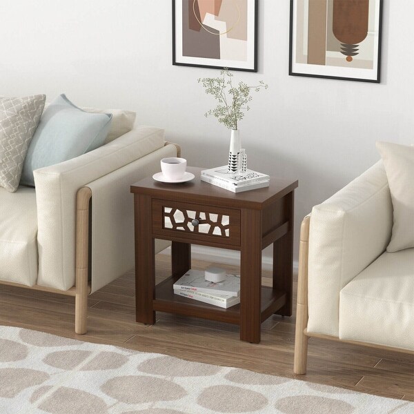 Wood Retro End Table with Mirrored Glass Drawer and Open Storage Shelf-Brown - 23.5