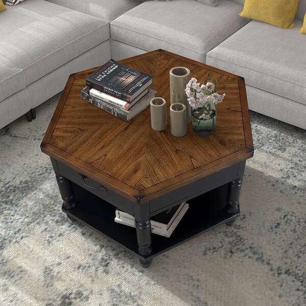 Roomfitters 2 Tier Retro Hexagon Living Room Solid Wood Coffee Table with Shelf and Drawer