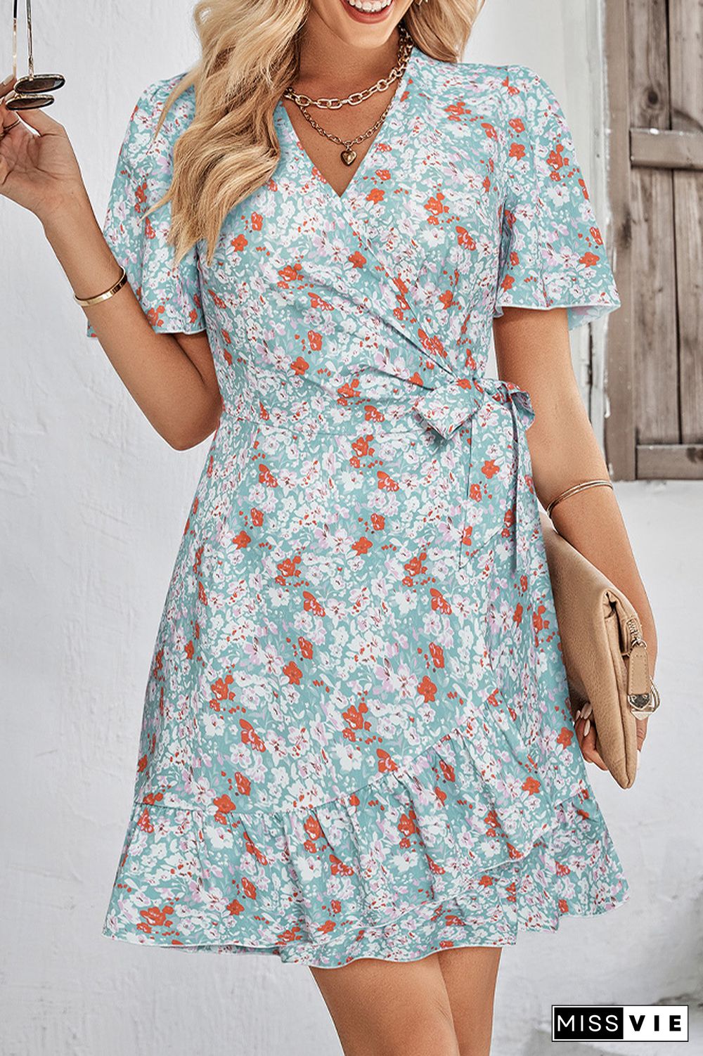 Wrap V Neck Side Sash Vintage Floral Dress