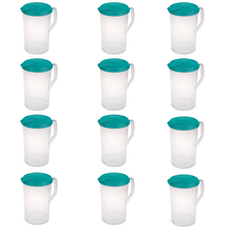 Sterilite 1-Gallon Round Plastic Pitcher and Spout， Clear w/ Color Lid (12 Pack)