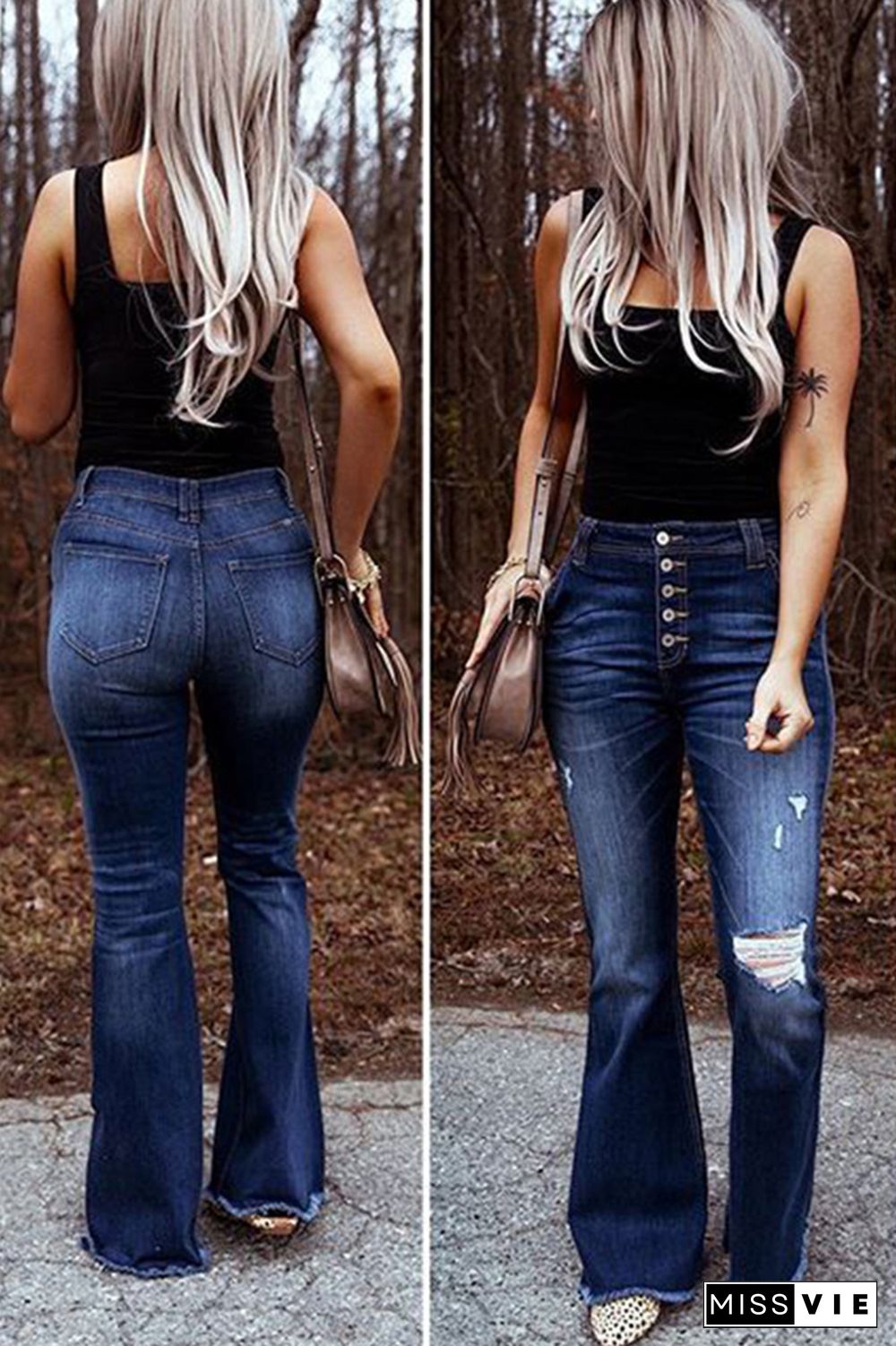 High Waist Hole Bell Bottom Pants Jeans