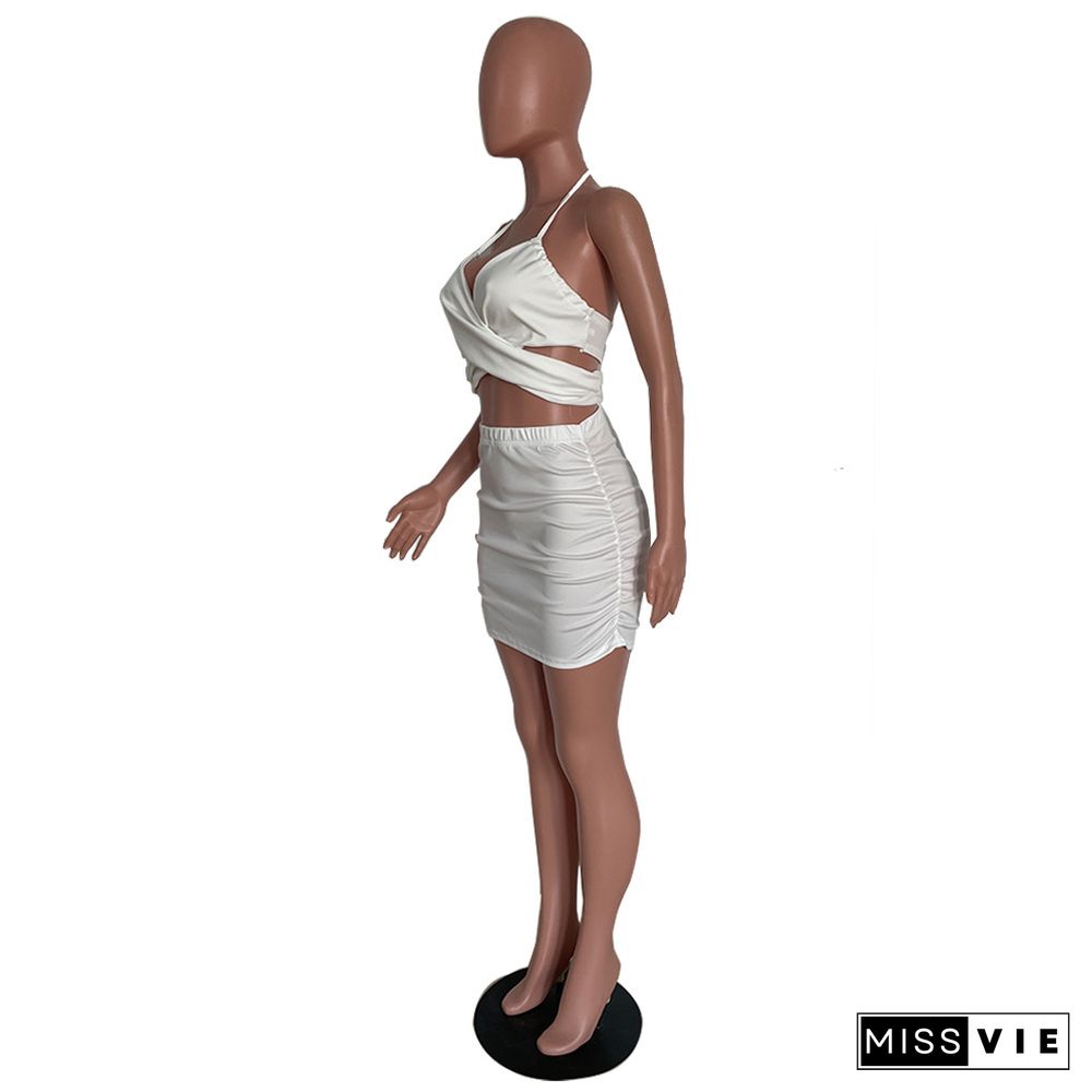 Sexy Solid Color Criss Cross Bandage Halter Crop Top Pleated Ruched Skirt Elegant Women Two Piece Set