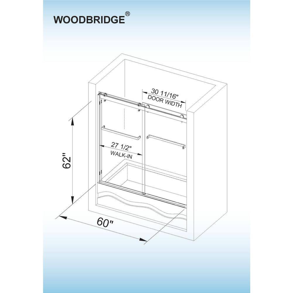 WOODBRIDGE Graceburg 56 in. - 60 in. x 62 in. Frameless Sliding Shower Door with Shatter Retention Glass Opening in Brushed Nickel HSD3624