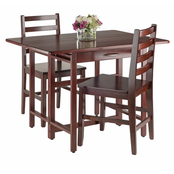 Wood Taylor 3-Pc Drop Leaf Dining Table with 2 Ladder Back Chairs， Walnut