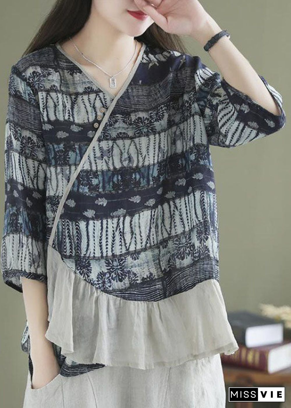 Loose Navy Asymmetrical Print Shirt Tops Half Sleeve