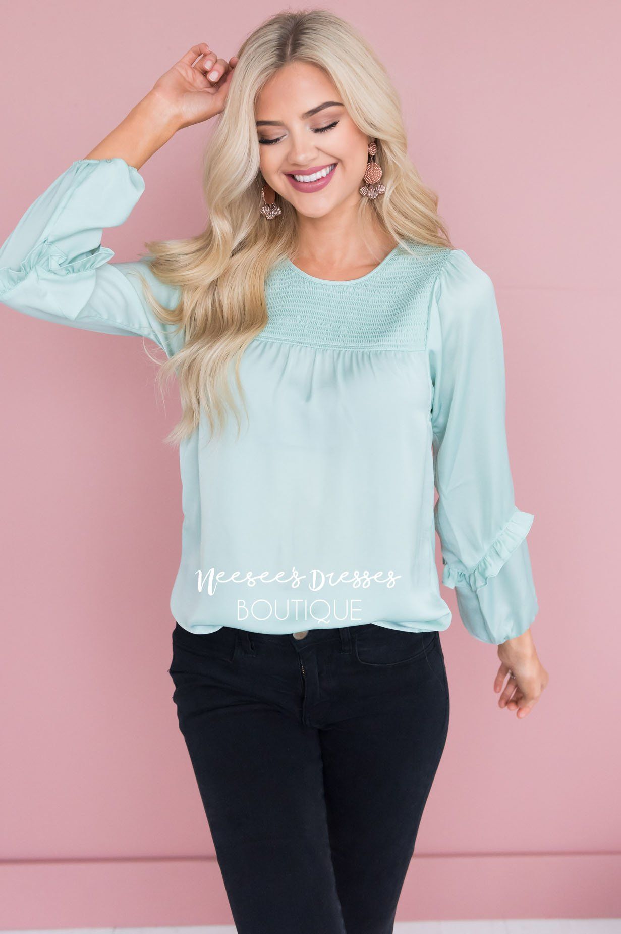 Mint Smocked Satin Blouse