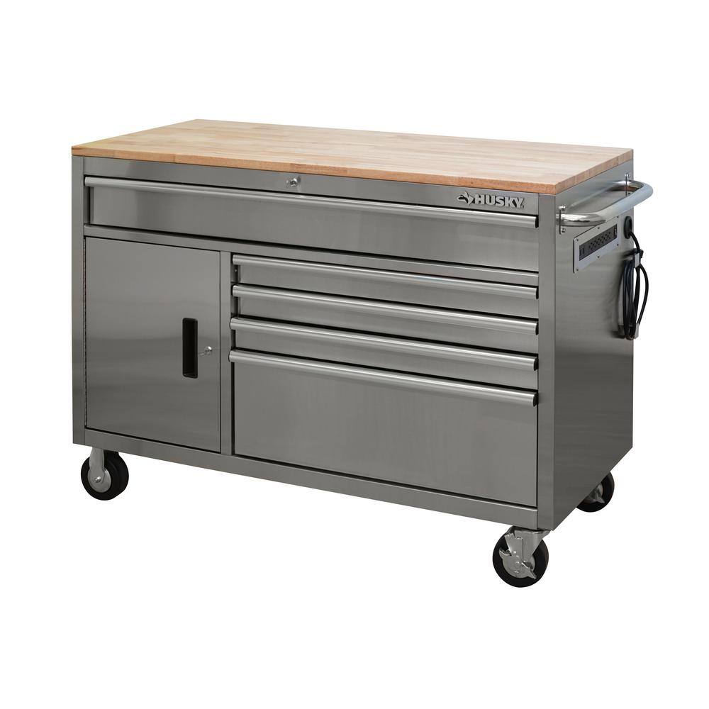 Husky 52 in. W x 25 in. D Standard Duty 5-Drawer 1-Door Mobile Workbench Tool Chest with Solid Wood Top in Stainless Steel HOTC5205JX2M