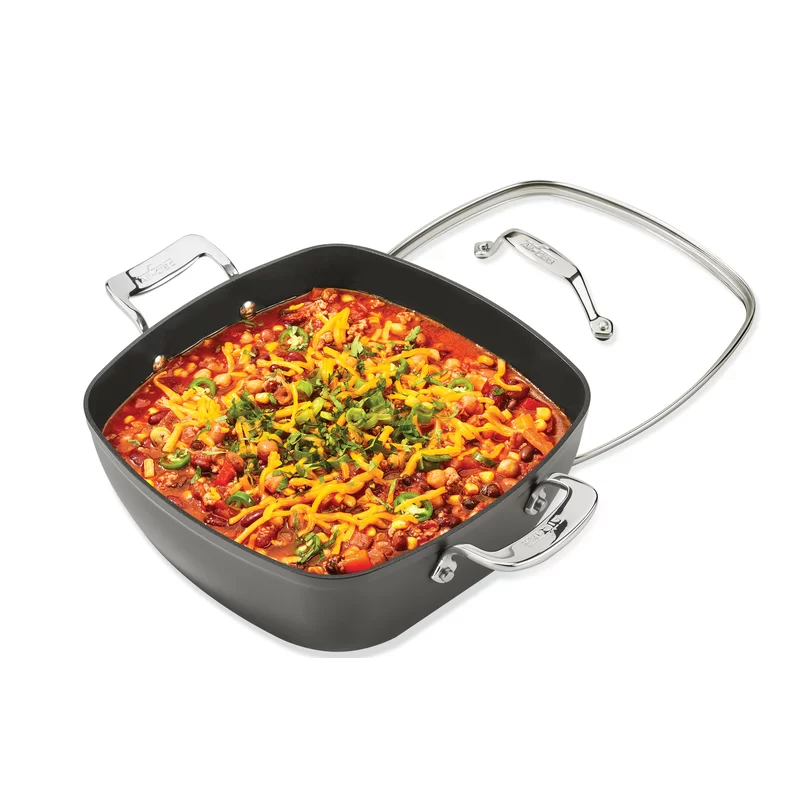 All-Clad H911S274 Essentials Nonstick Hard Anodized Simmer and Stew Square Pan with Trivet， 5 quart， Black