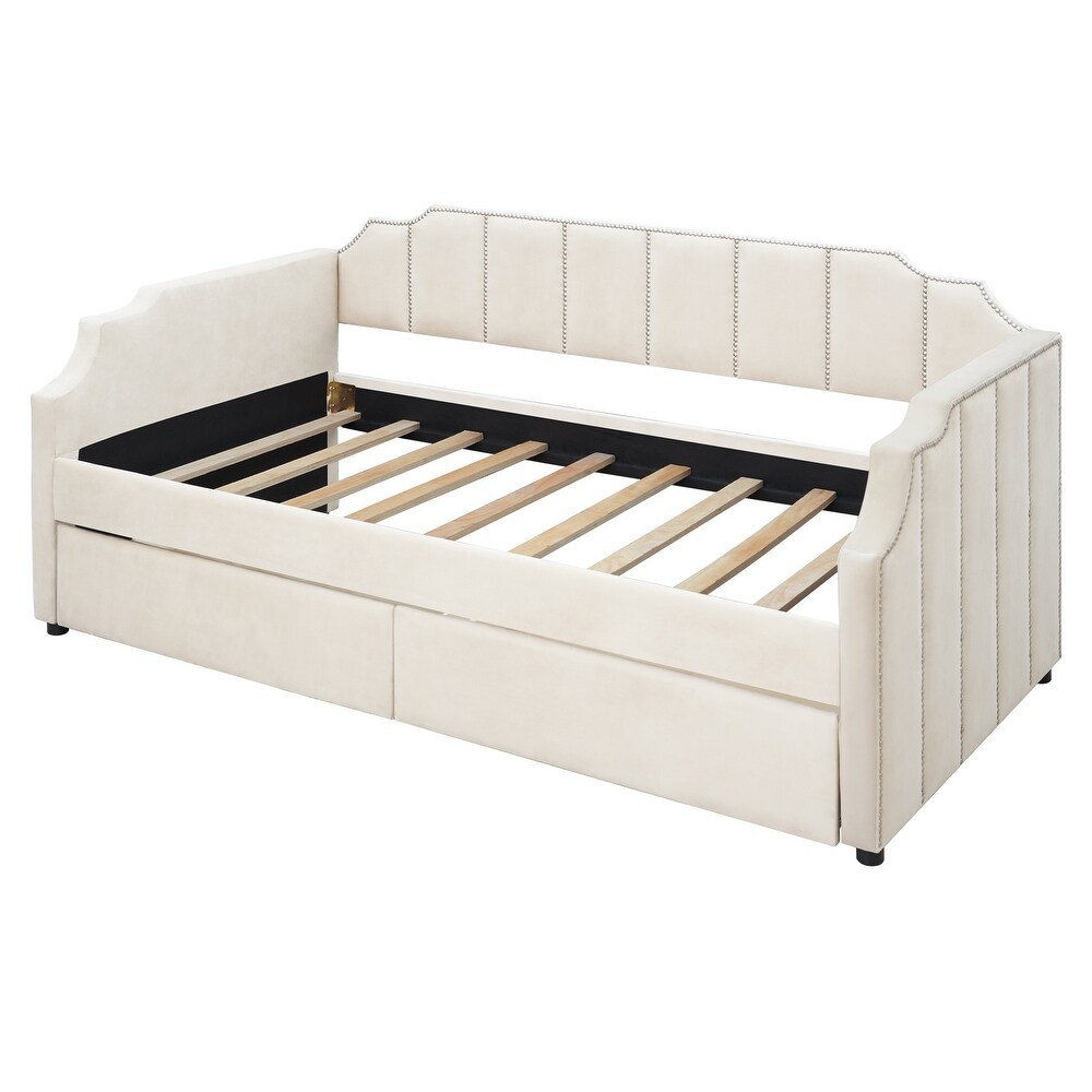 Twin Size Upholstered Daybed with Drawers   Wood Slat Support  Beige