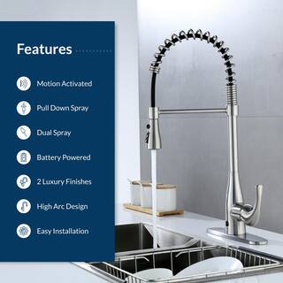 FLOW Motion Activated Single-Handle Pull-Down Spring Neck Sprayer Kitchen Faucet in Brushed Nickel SpringNeck-BN