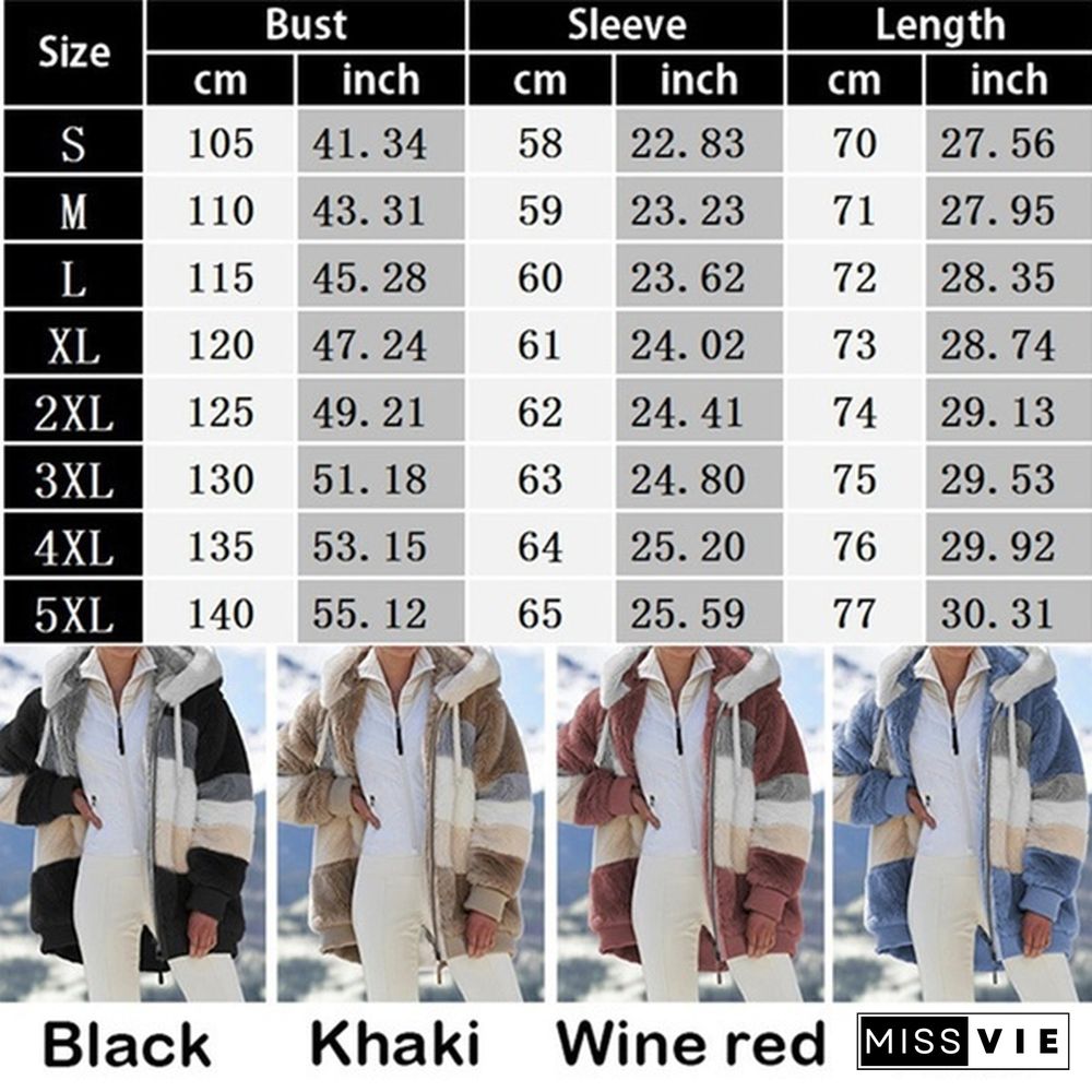 Plus Size Winter Women's Plush Coat Fashion Casual Stitching Plaid Ladies Clothes Hooded Zipper Ladies Parka Coat Cashmere Women Jacket Patchwork Outerwear Feminina Blouson Femme