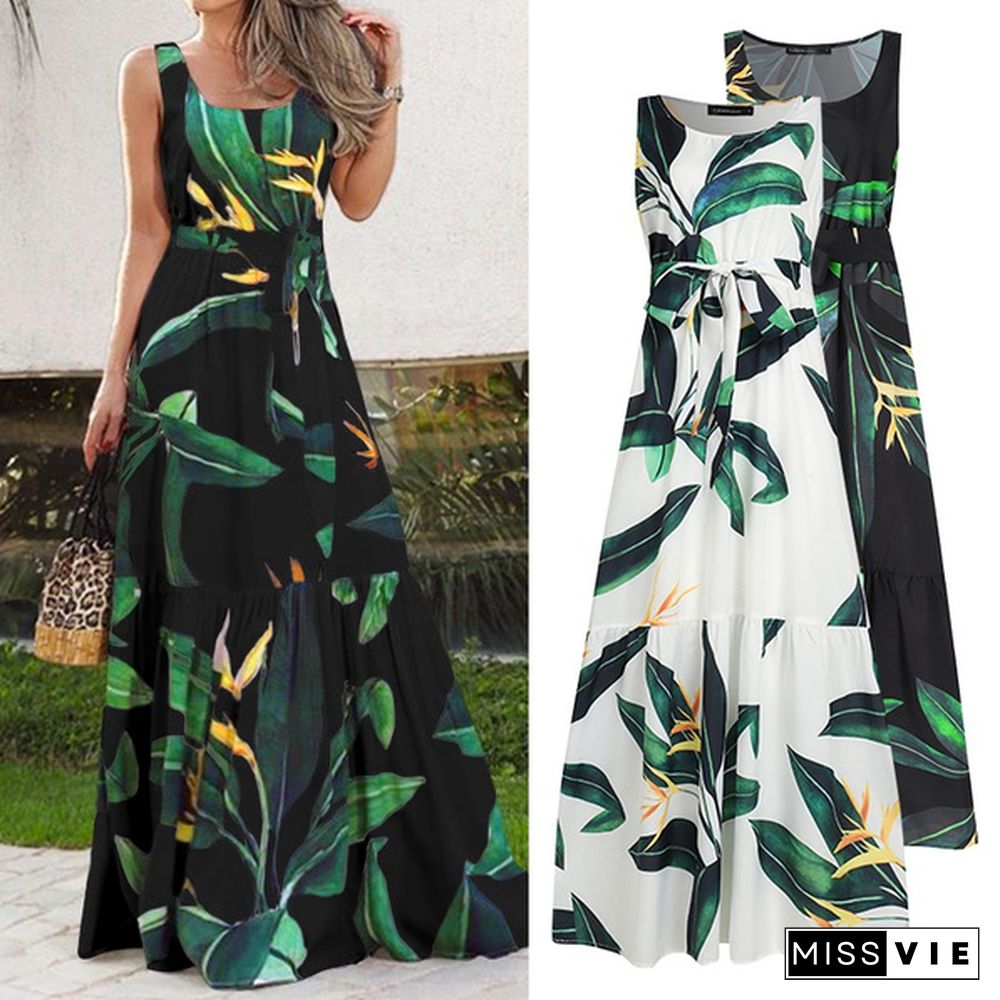 Celmia Womens Summer Sleeveless Holiday Printed High Waist Long Maxi Dress Beach Vestidos