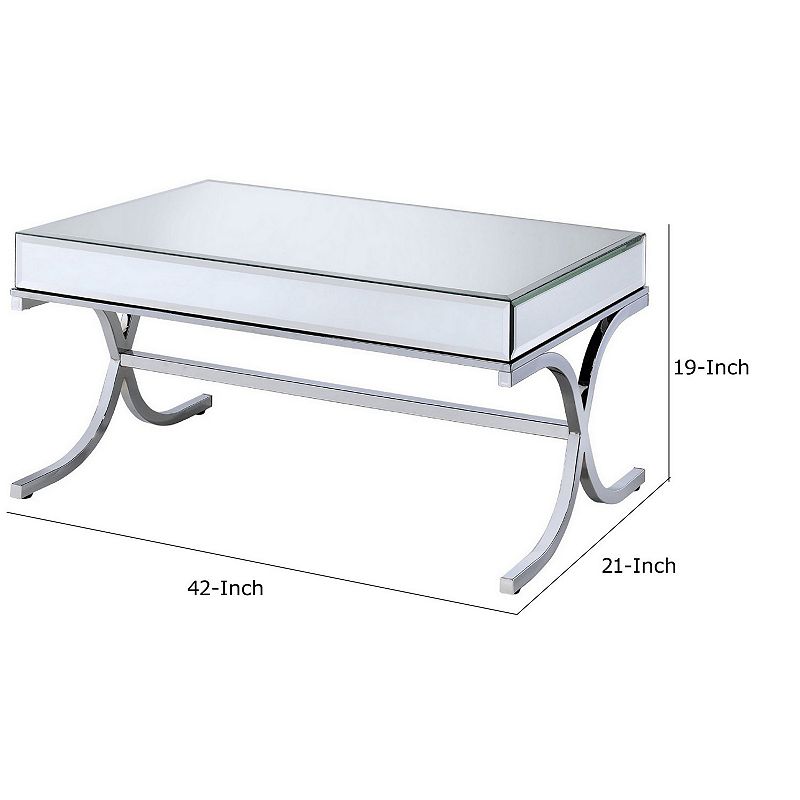 42 Inch Rectangular Coffee Table， Mirrored， X Shaped Metal Legs， Silver