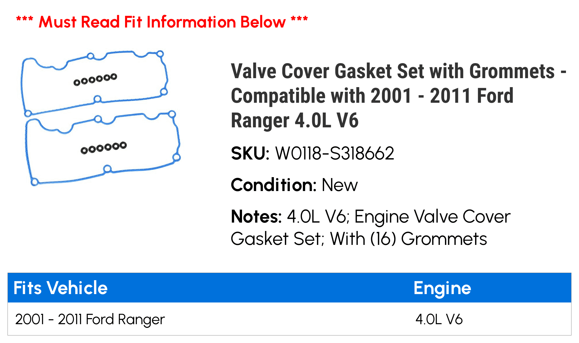 Valve Cover Gasket Set with Grommets - Compatible with 2001 - 2011 Ford Ranger 4.0L V6 2002 2003 2004 2005 2006 2007 2008 2009 2010