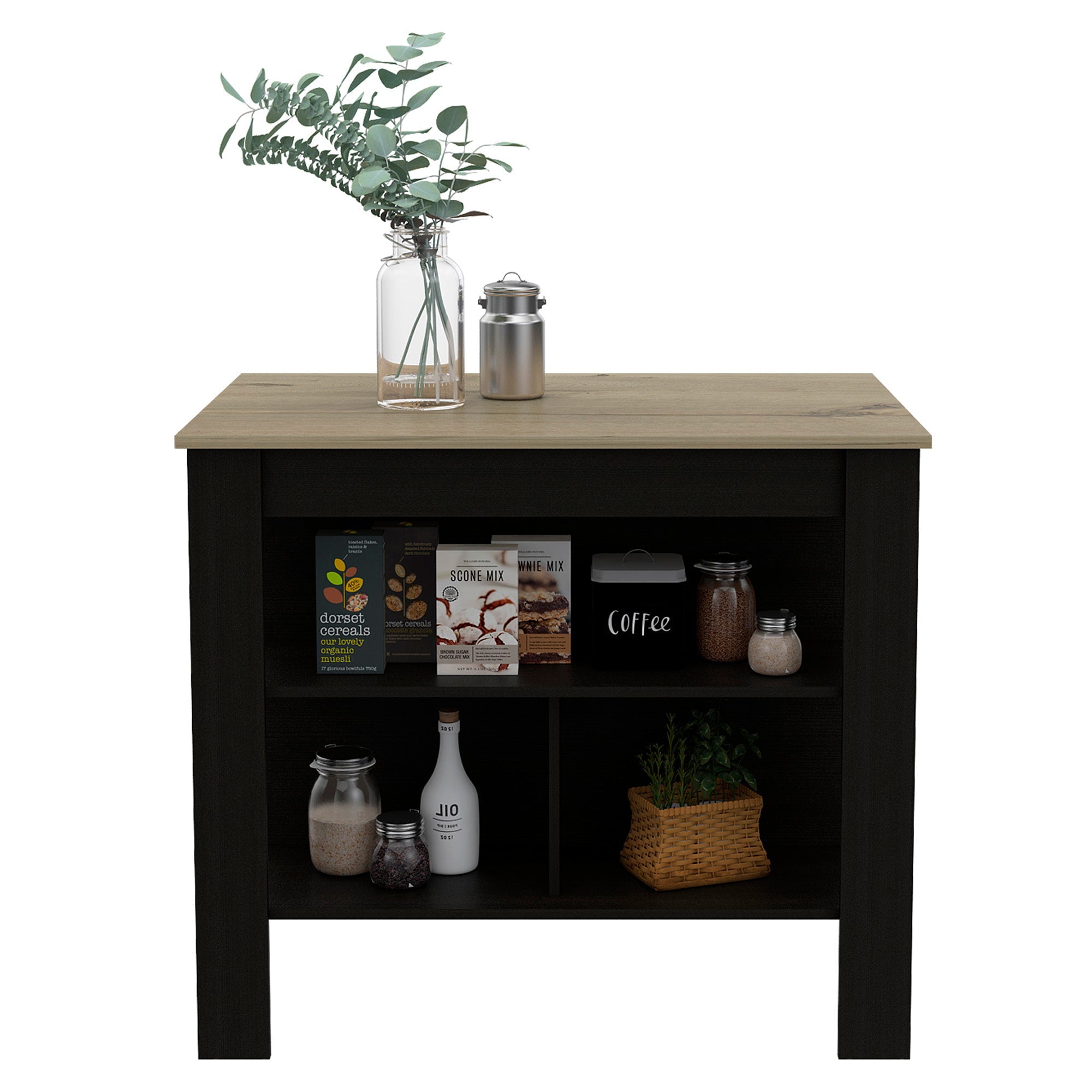 Boahaus Le Havre Black Painted Kitchen Island， Wood Tabletop