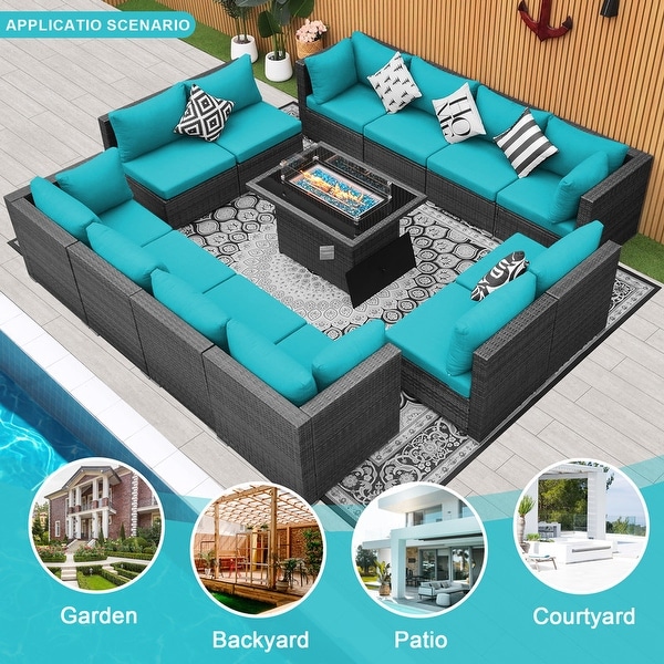 Nicesoul Outdoor Grey Wicker Sectional Furniture Patio Sofa Set with Firepit Table