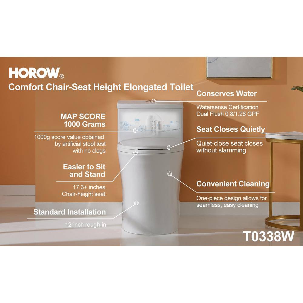 HOROW 1-piece 0.81.28 GPF Dual Flush Elongated Toilet in White Seat Included HR-0038W