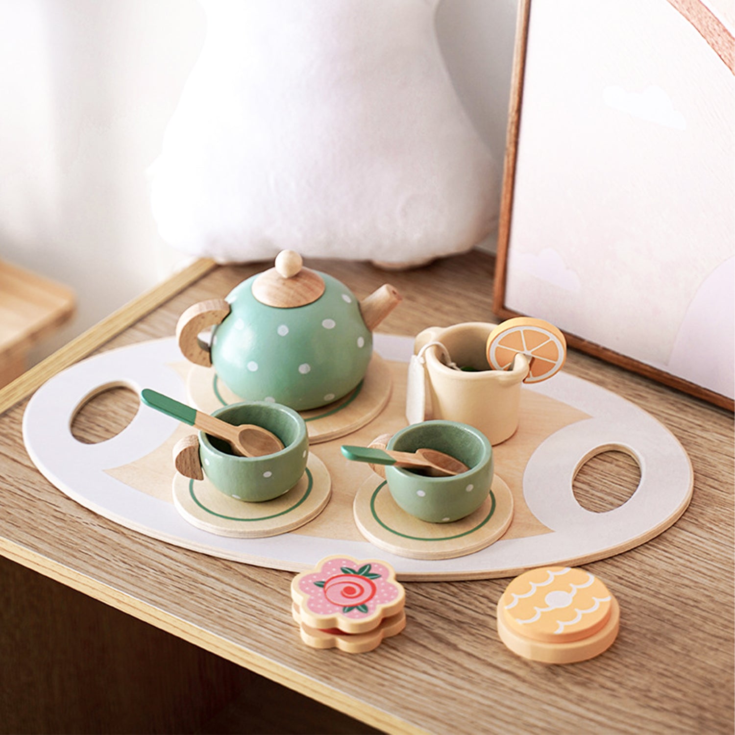 Sytle-Carry Wooden Toy Tea Set, Montessori Kitchen Toys for 3 4 5 Years Old Girls and Boys, Wooden Play Kitchen Accessories