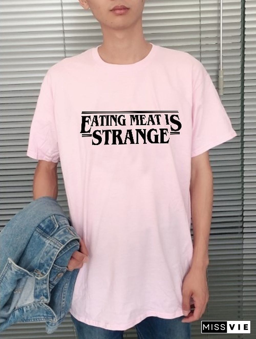 1Pcs Eating Meat Is Strange Letter Print T Shirt Stranger Things Vegan Things Style Fashion Tees Women Short Sleeve Cotton Tee Tops