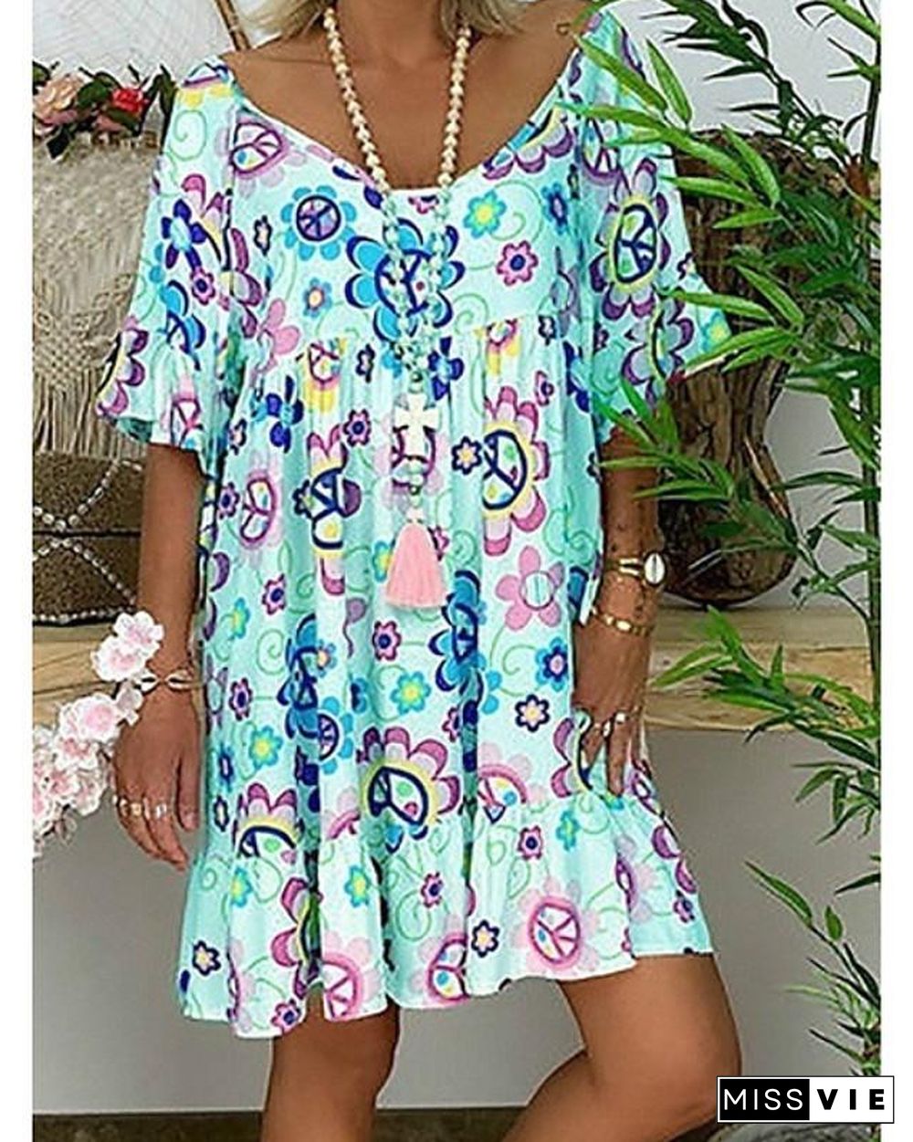 Women's Tunic Knee Length Dress - Short Sleeve Floral Print Summer Basic Hot White Blue Red Light Blue M L XL XXL 3XL 4XL 5XL-0218817