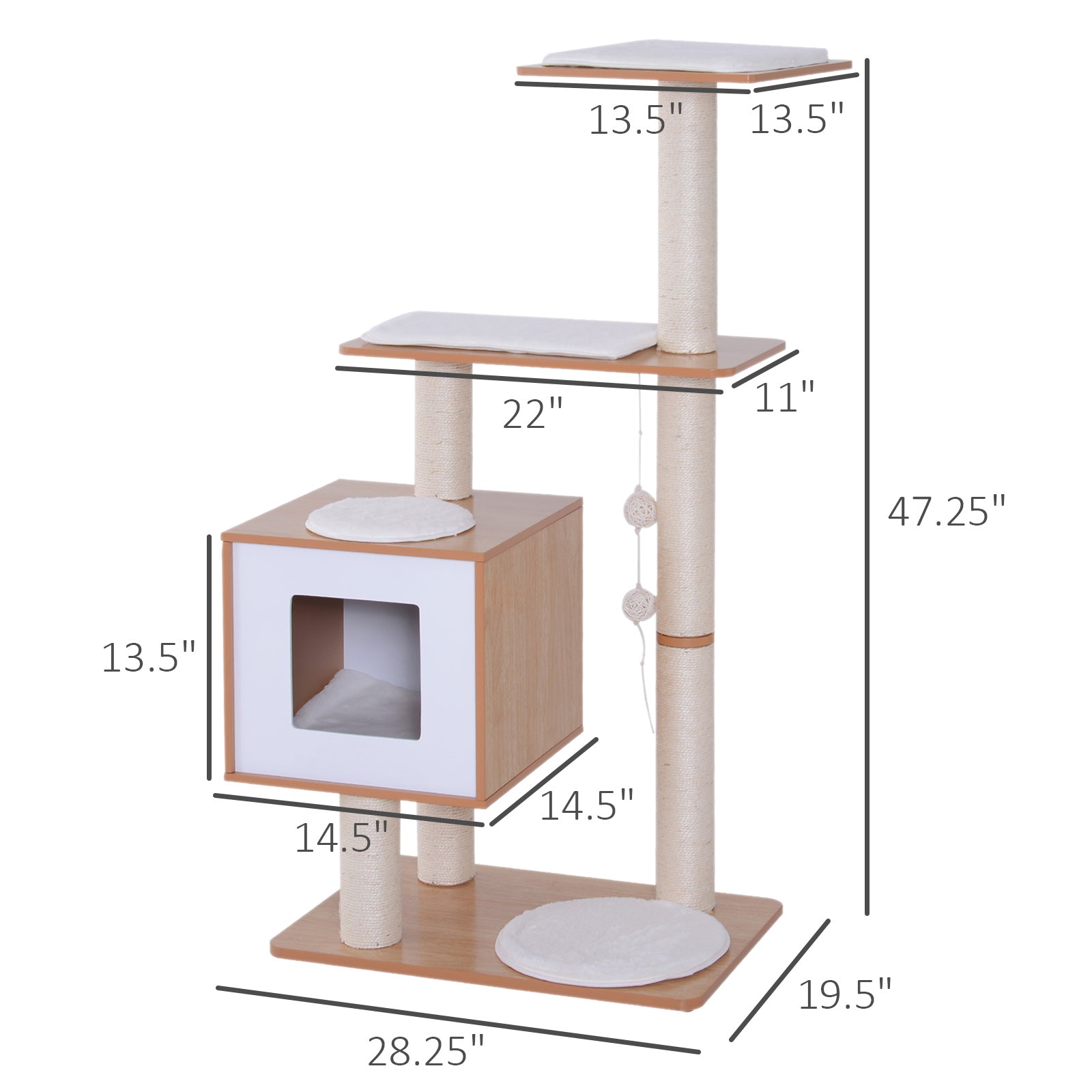 Pawhut 47” Modern Cat Tree Multi-Level Scratching Post With Cube Cave Enclosure - Oak Wood and White