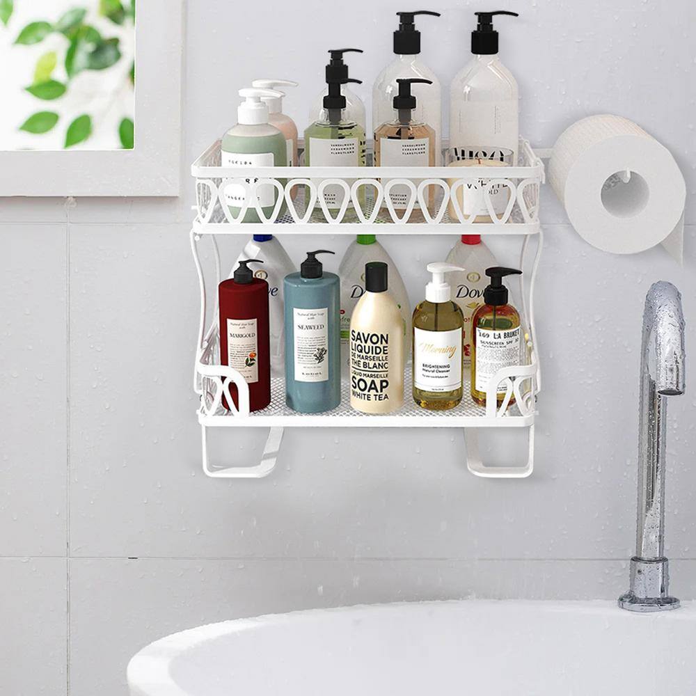 Amucolo Stacking Shower Caddy Shelf Toilet Rack 2-Layer Bathroom Organizer Metal Storage Shelf in White YeaD-CYD0-NWGX