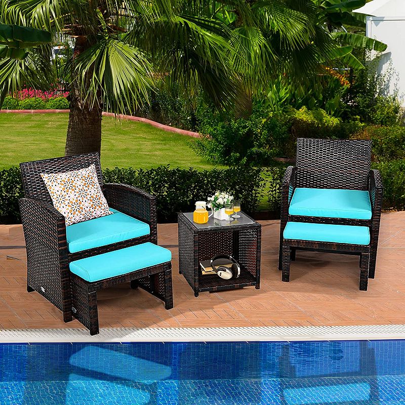 5 Pieces Patio Rattan Furniture Set with Ottoman and Tempered Glass Coffee Table-Turquoise