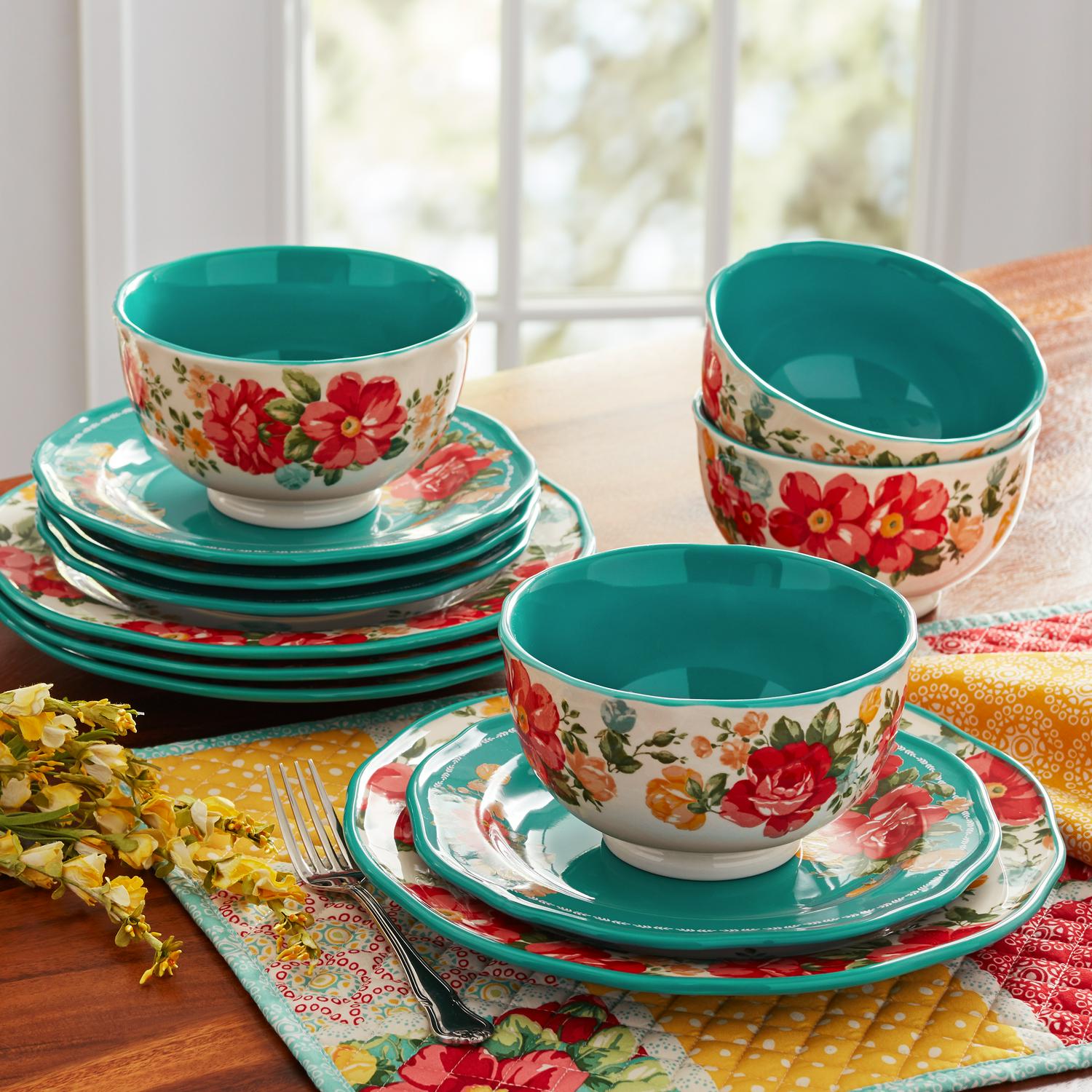 The Pioneer Woman Vintage Floral 12-Piece Dinnerware Set， Teal