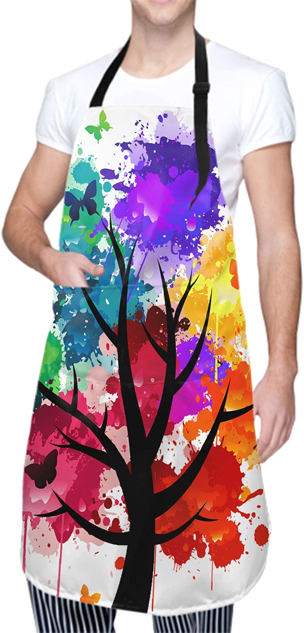 Colorful Artist Apron with 2 Pockets Art Tree Butterfly Aprons Smocks Waterproof Polyester for Kitchen Garden Painting