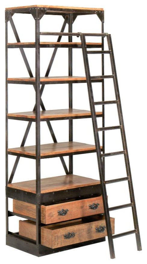 80x62 quotRustic Industrial Mobile Library Bookcase with Ladder and Drawers   Industrial   Bookcases   by Sideboards and Things  Houzz