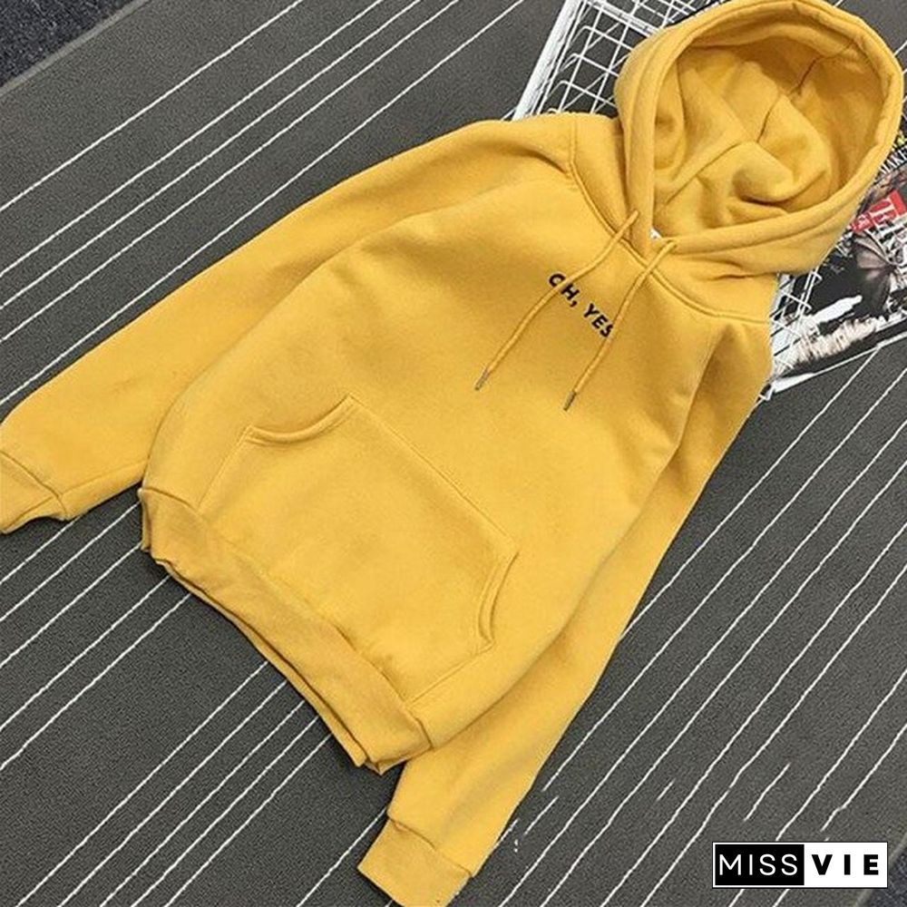 Autumn Winter Fleece Oh Yes Letter Harajuku Print Pullover Thick Loose Women Hoodies Sweatshirt Female Casual Coat