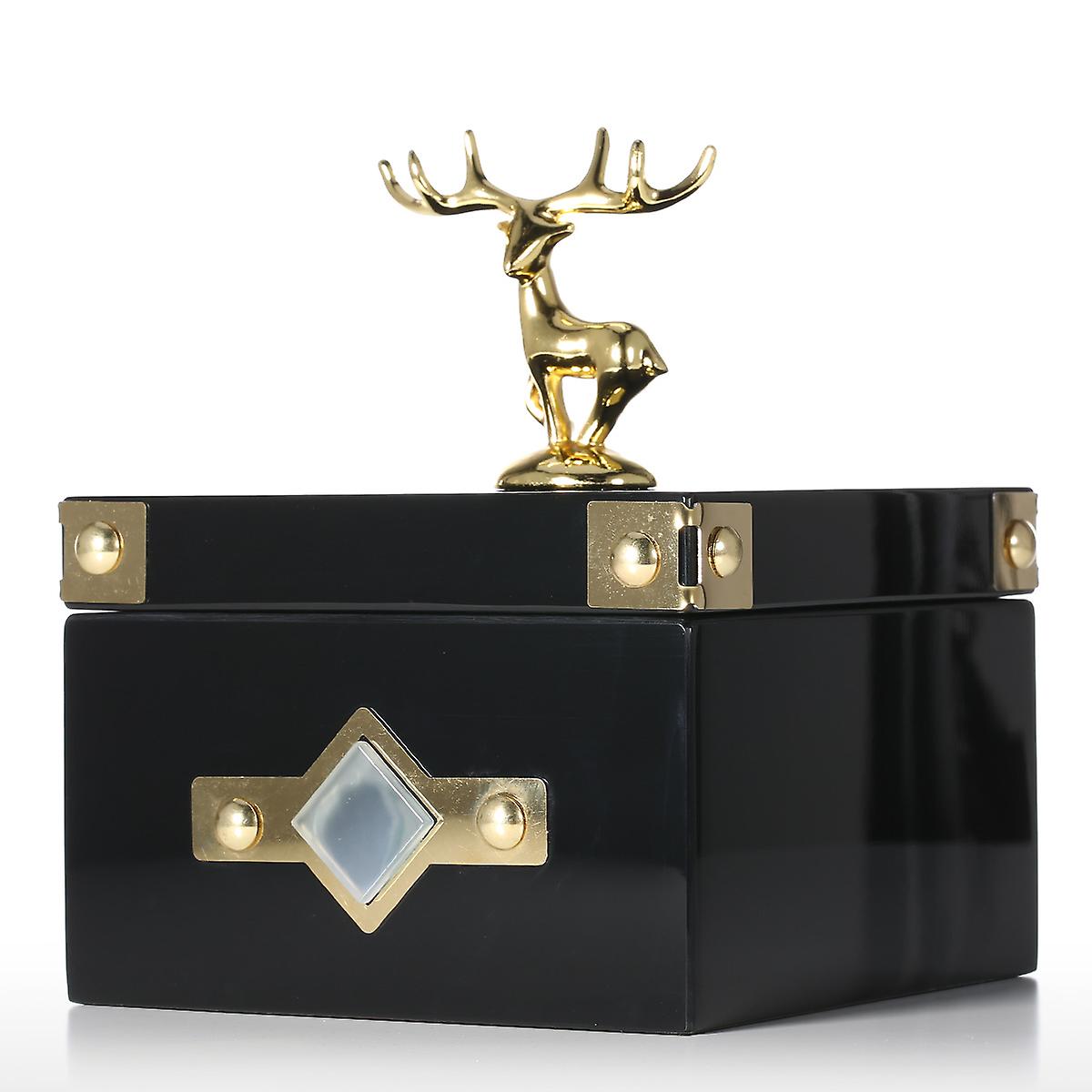 Square Jewelry Box (golden - Deer Small Size) Storage Case Wooden Ring Necklace Storage Box Birthday Gifts For Women Black Velvet  15cm