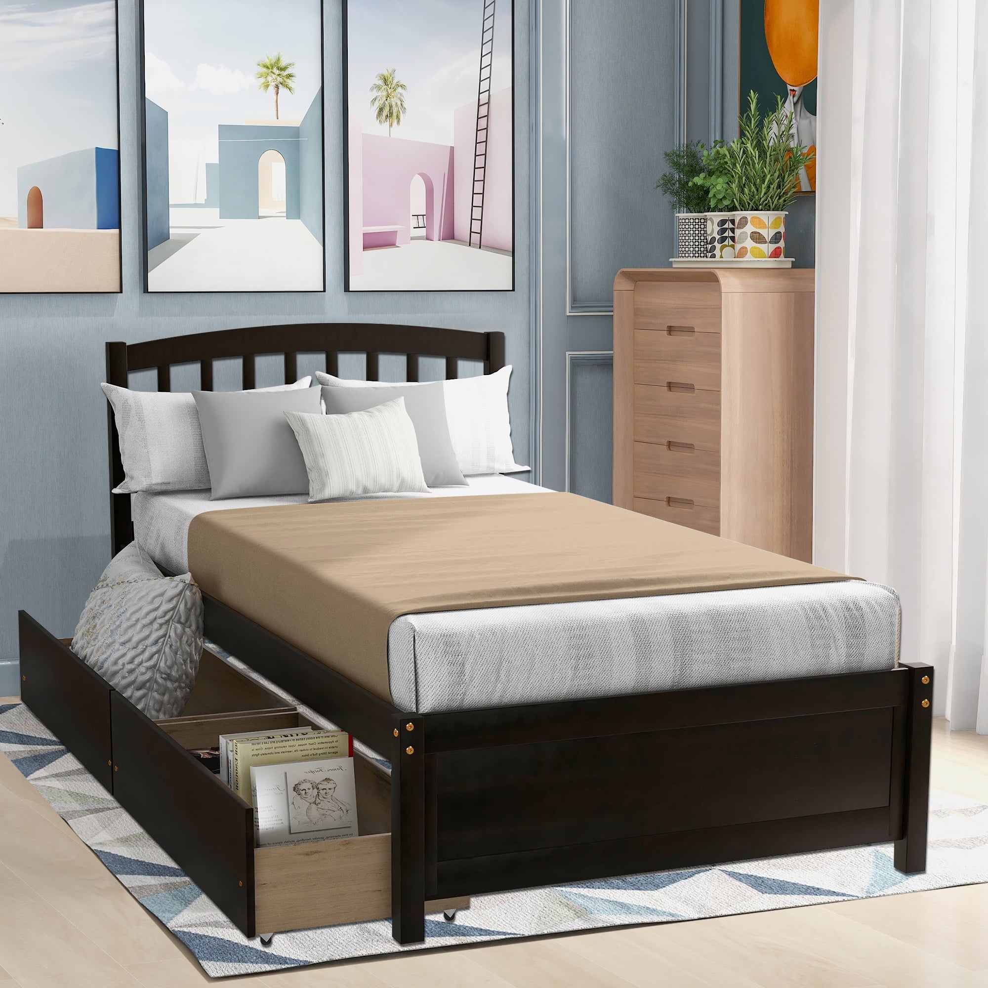 Platform Bed with Storage Drawers, Kids Twin Size Bed Frame No Box Spring Needed, Wood Platform Beds with Headboard and Two Drawers, Modern Single Bed Bedroom Furniture, Espresso, J1164