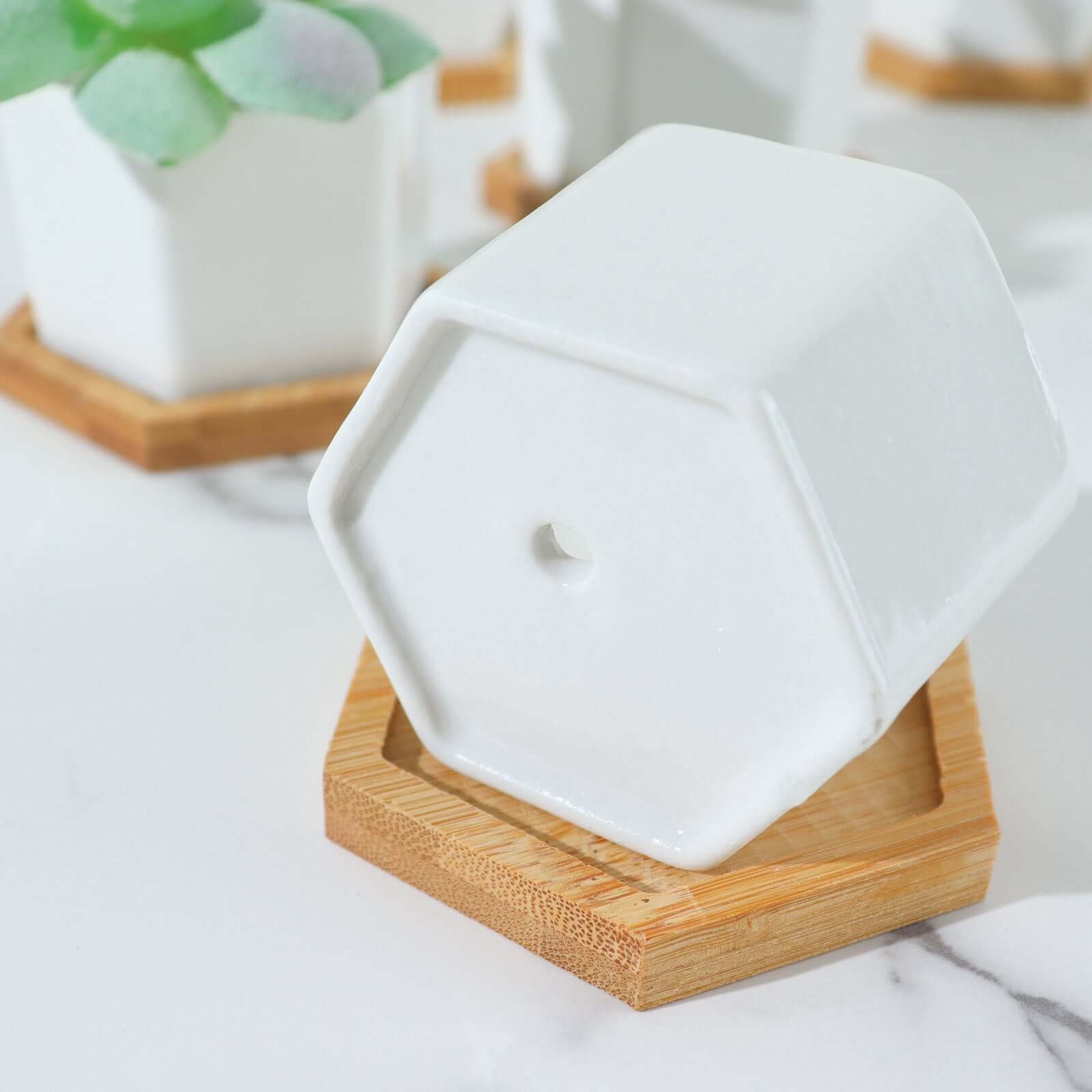 6 Pack White Geometric Hexagon Ceramic Planter Pots, Bamboo Tray Base w/ Drainage Hole, Cactus and Succulent Planters With Removable Bottom 3