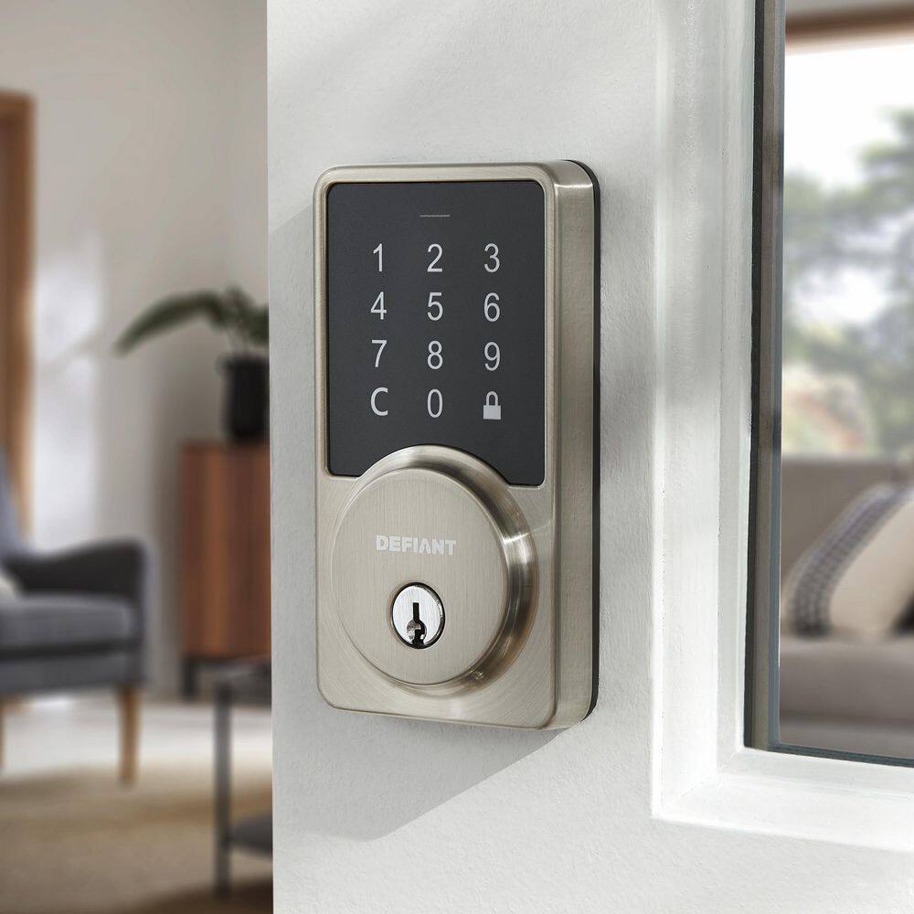 Defiant Square Satin Nickel Smart Wi-Fi Deadbolt Powered by Hubspace HSGC9X2D01AJ