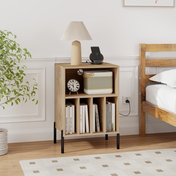 Record Player Stand with Record Storage Shelf and Charging Station