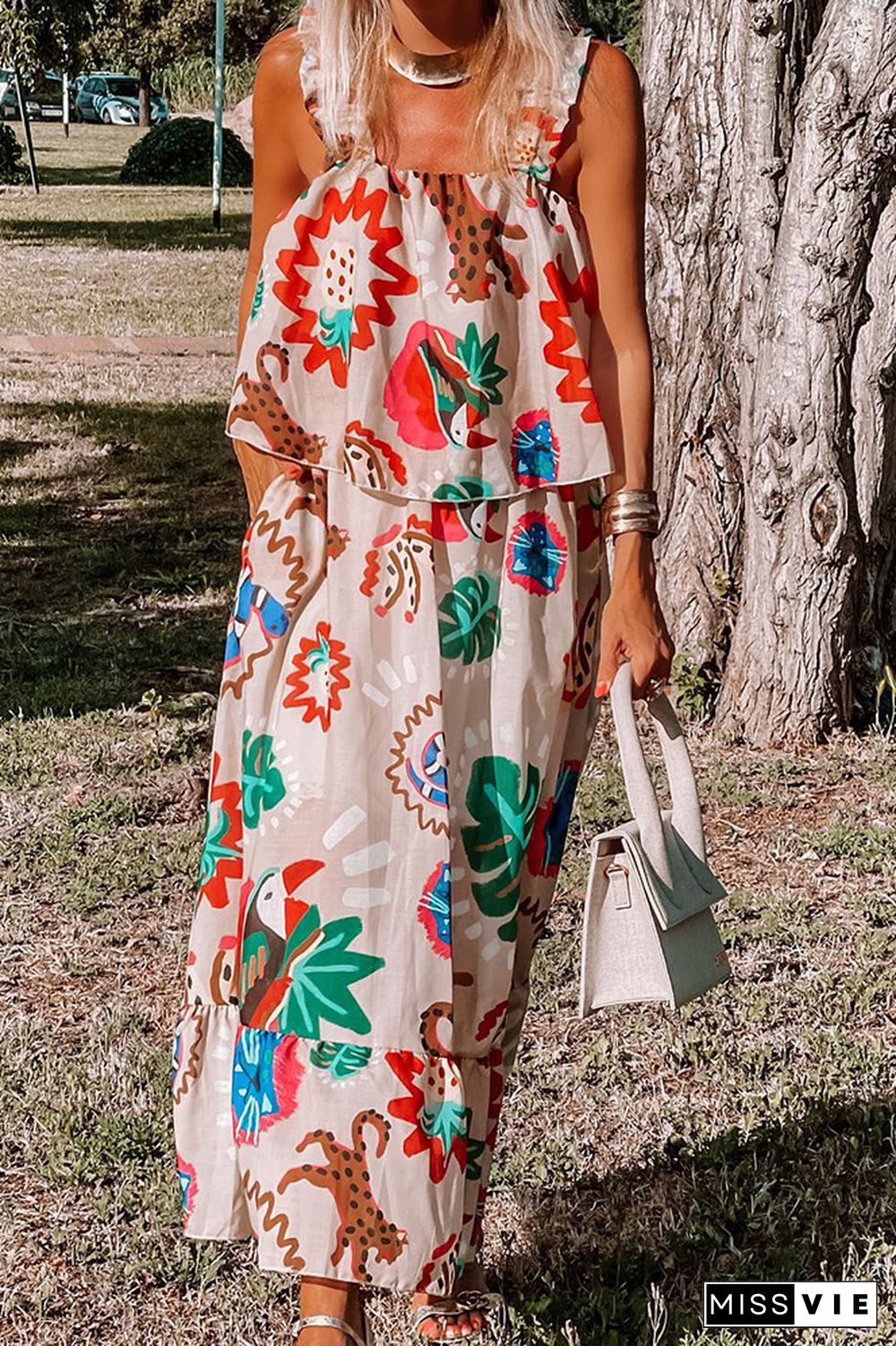 Boho Fake Two Piece Floral Maxi Cami Dress