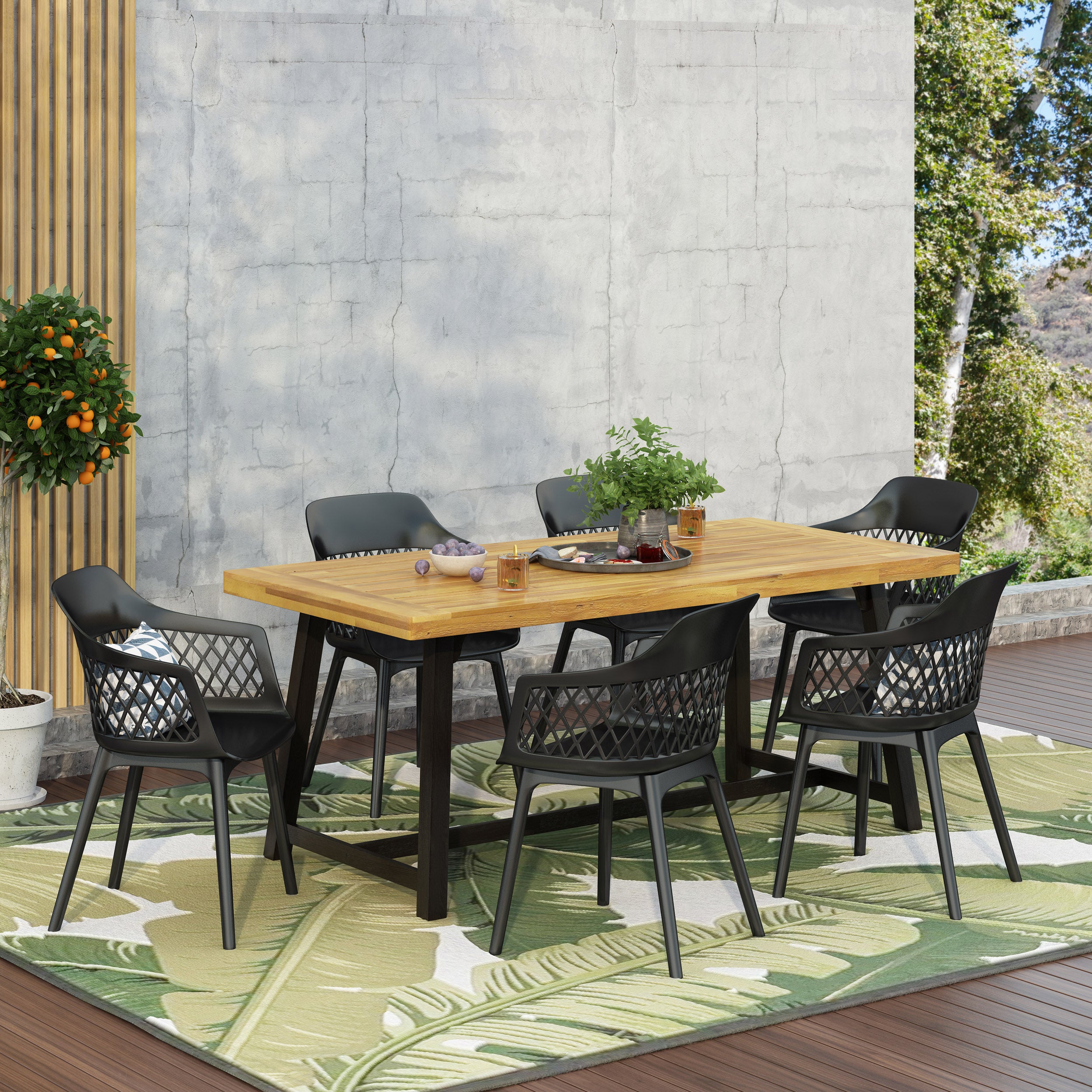 Renata Outdoor Wood and Resin 7 Piece Dining Set, Black and Sandblasted Teak