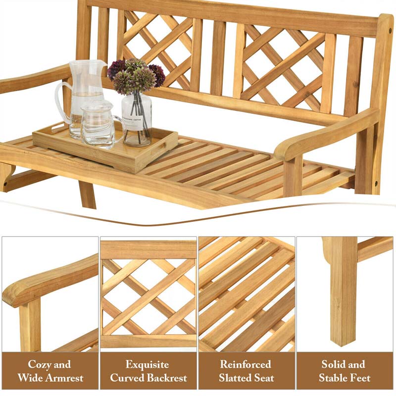 2-Person Foldable Wooden Bench Outdoor Patio Garden Park Bench Loveseat Chair with Curved Backrest & Armrest