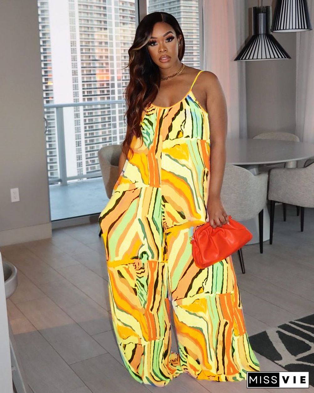 Trendy Stripe Print Wide Leg Sling Jumpsuit