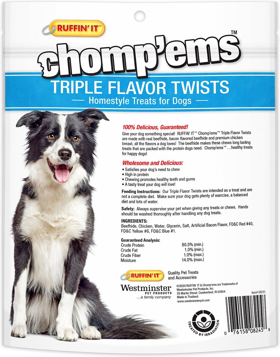 RUFFIN' IT Chomp'ems Triple Flavor Twists Chicken， Bacon and Beefhide Dog Treats， 50 count