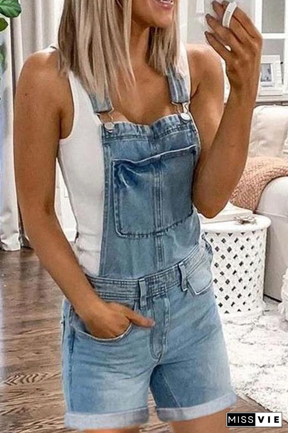 Denim Solid Pocket Casual Romper