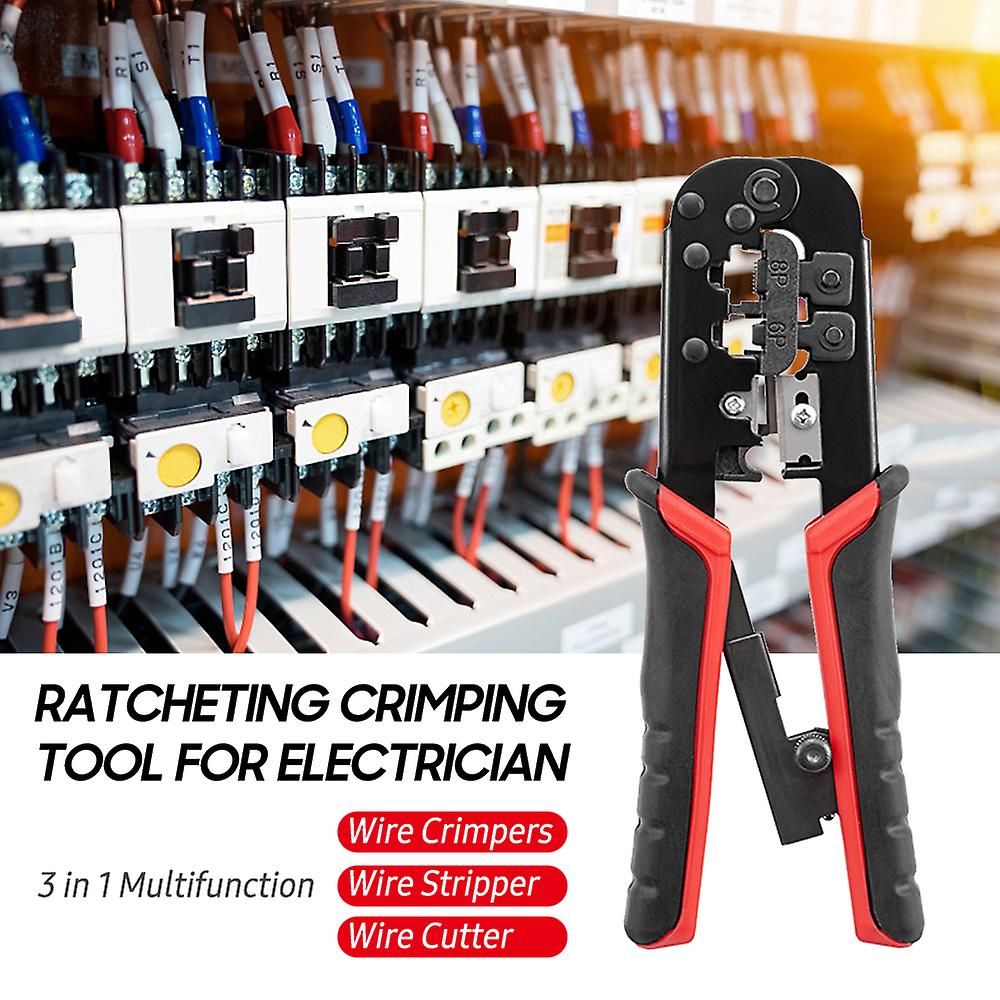 Ratcheting Crimping Tool 3 In 1 Multifunction Wire Crimpers Stripper Cutter， 8p 6p Network Line Telephone Wire Crimping Cable Stripping Cutting Electr