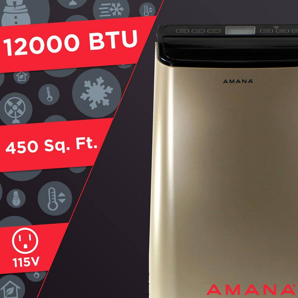 Amana 12000 BTU (7500 BTU DOE) Portable AC with Remote 450 sq. ft. Timer 3-Speed LCD Display Auto-Restart Wheels Gold Black AMAP121AD-2