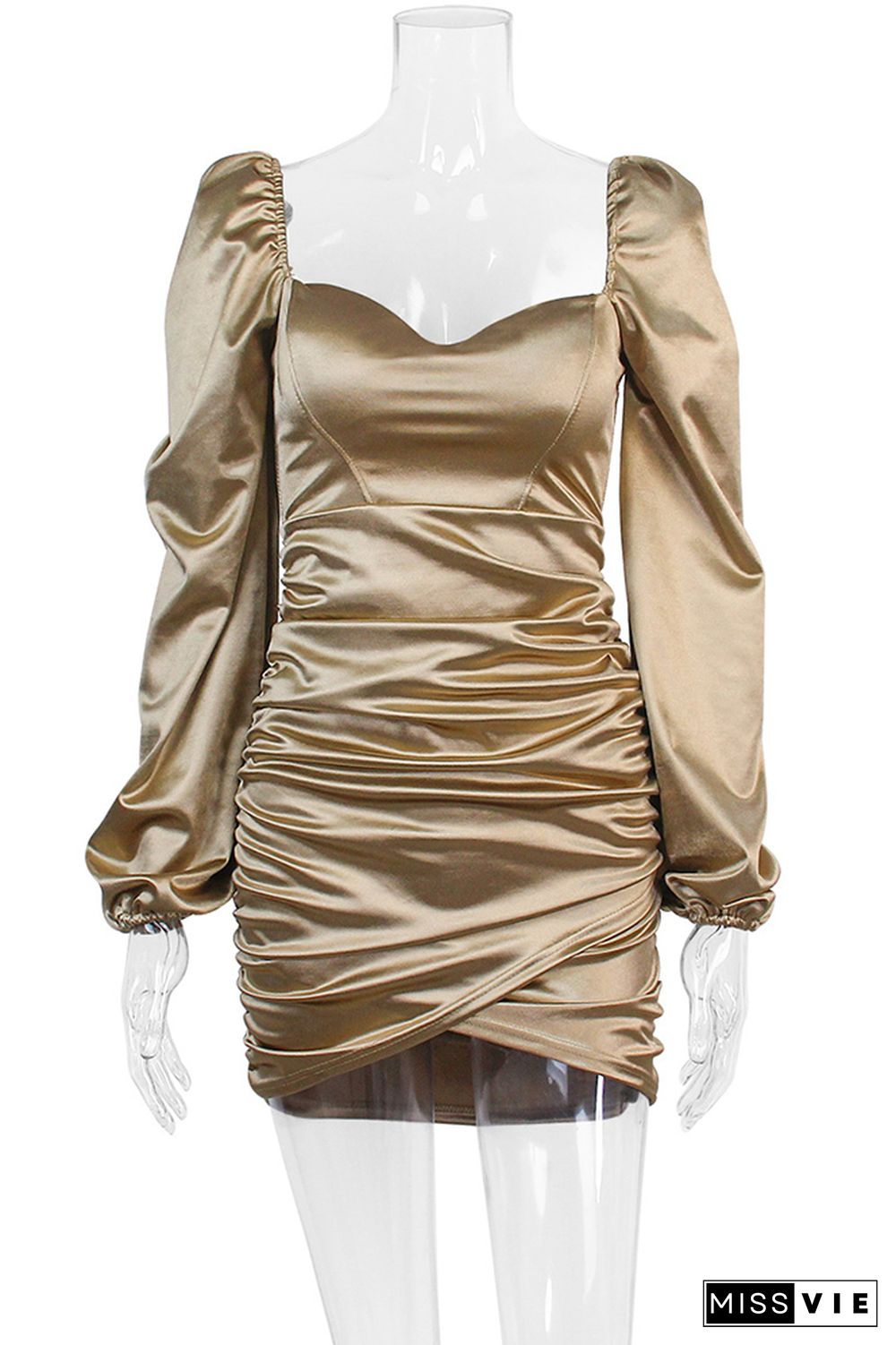 Gold Puffy Sleeves Ruched Bodycon Dress