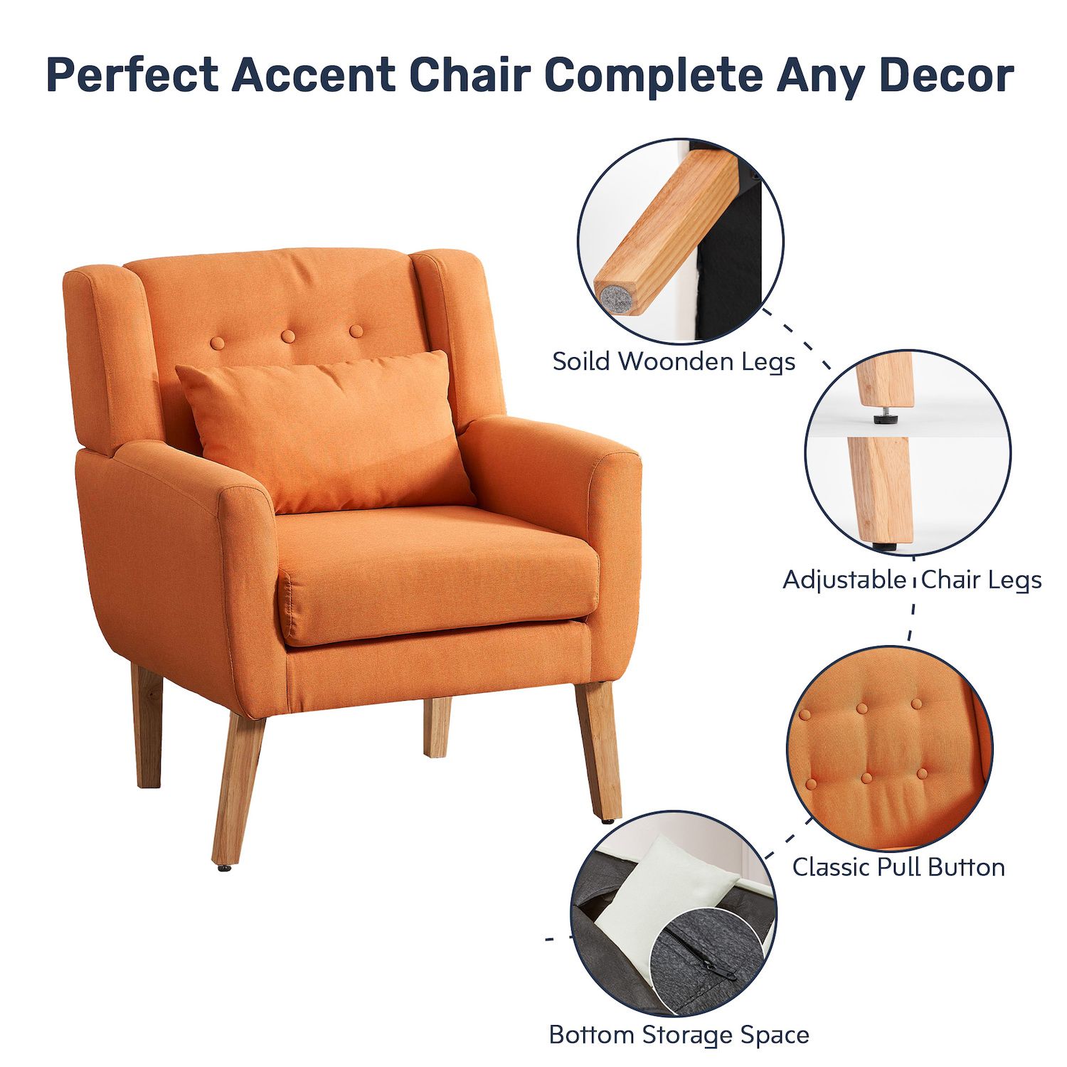 Unikome Solid Comfy Upholstered Linen Fabric Button Tufted Accent Chair with Lumbar Pillow